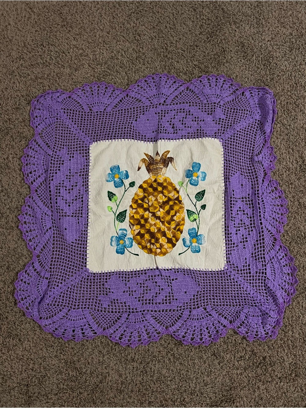 Handmade Vintage Pineapple Appliqué Doily in Purple and Yellow